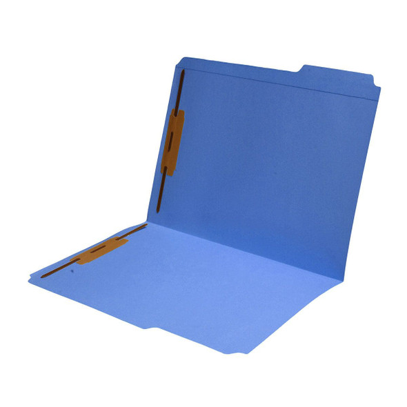 Blue letter size reinforced top tab folder with 1/3 cut assorted top tabs and 2" bonded fastener on inside front and back. 11 pt blue stock. Packaged 50/250