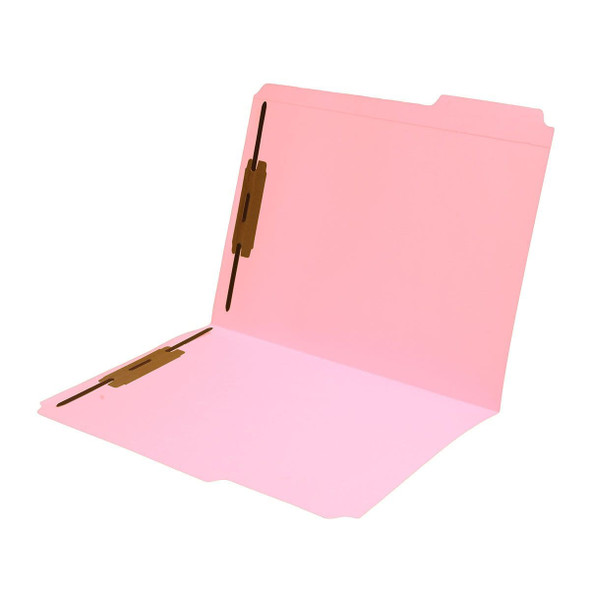 Pink letter size reinforced top tab folder with 1/3 cut assorted top tabs and 2" bonded fastener on inside front and back. 11 pt pink stock. Packaged 50/250.