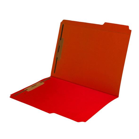 Red letter size reinforced top tab folder with 1/3 cut assorted top tabs and 2" bonded fastener on inside front and back. 11 pt red stock. Packaged 50/250.