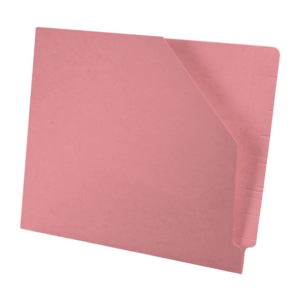 Pink letter size reinforced end tab pocket with slash cut on front. 11 pt pink stock. Packaged 100/500