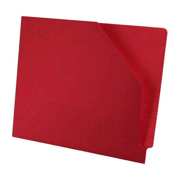 Red letter size reinforced end tab pocket with slash cut on front. 11 pt red stock. Packaged 100/500