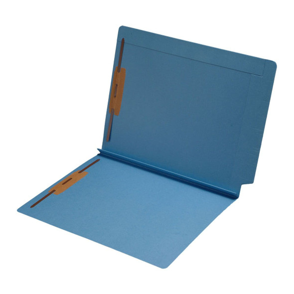 Blue letter size reinforced top and end tab folder with 1 1/2" paper expansion and 2" bonded fasteners on inside front and back. 14 pt blue stock. Packaged 50/250