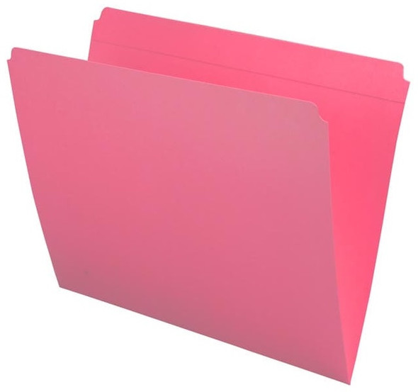 Pink letter size reinforced top tab folder with full cut top tab. 11 pt pink stock. Packaged 100/500.