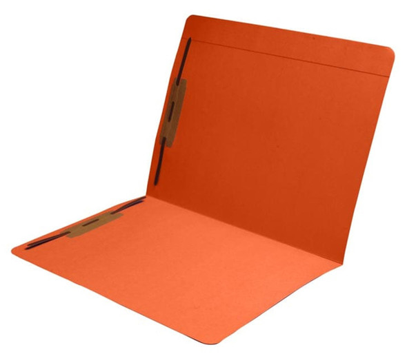 Orange letter size reinforced top tab folder with full cut top tab and 2" bonded fastener on inside front and back. 11 pt orange stock. Packaged 50/250.