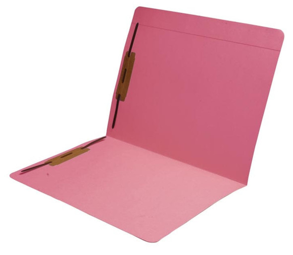 Pink letter size reinforced top tab folder with full cut top tab and 2" bonded fastener on inside front and back. 11 pt pink stock. Packaged 50/250.