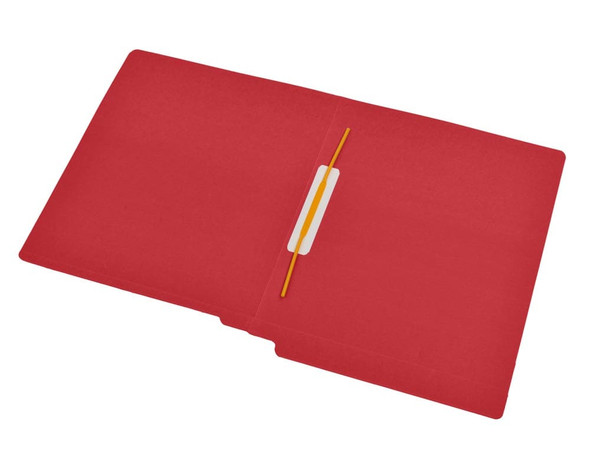 Red letter size reinforced end tab folder with Jalemaclip fastener on inside back. 14 pt red stock. Packaged 50/250