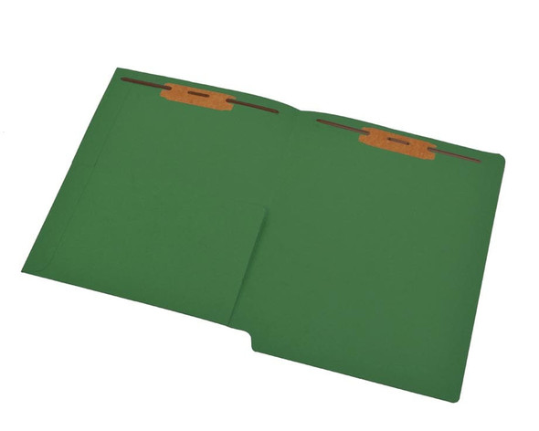 Green letter size reinforced end tab folder with 1/2 pocket on inside front and 2" bonded fastener on inside front and back. 11 pt green stock. Packaged 50/250