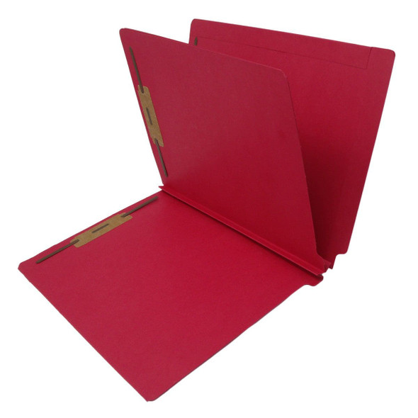 Red letter size end tab one divider econoclass folder with 2" bonded fasteners on each panel. 14 pt red stock. Packaged 25/125.