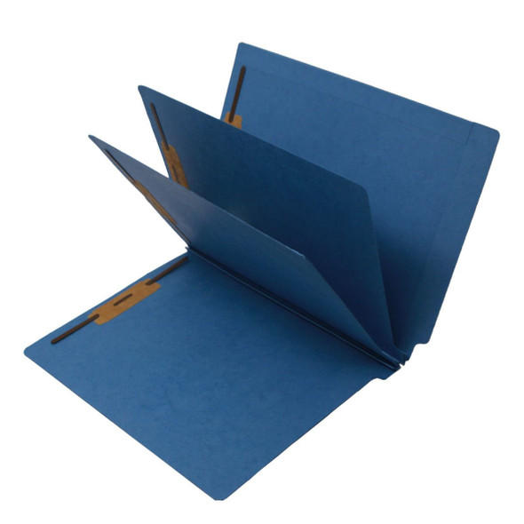 Blue letter size end tab two divider econoclass folder with 2" bonded fasteners on each panel. 14 pt blue stock. Packaged 15/75.