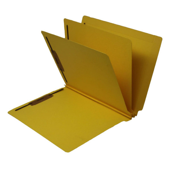 Yellow letter size end tab two divider econoclass folder with 2" bonded fasteners on each panel. 14 pt yellow stock. Packaged 15/75.
