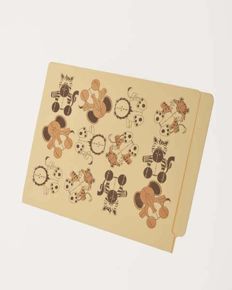 Manila letter size reinforced end tab folder with safari animals printed in brown and black and 2" bonded fastener on inside front and back. 11 pt manila stock. Packaged 50/250