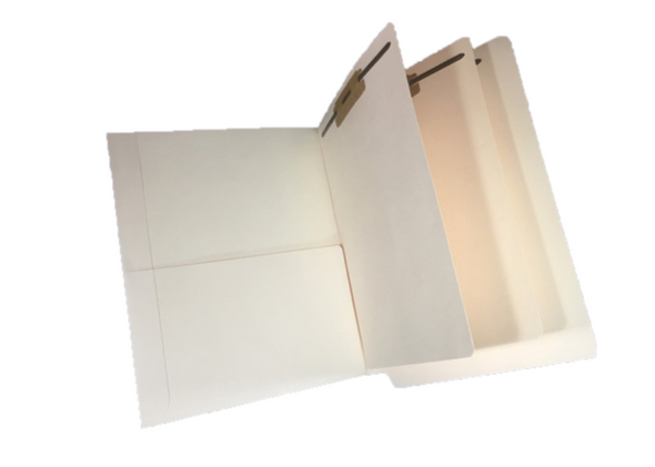 Manila letter size reinforced end tab folder with 1/2 pocket on inside front, 2" bonded fastener on inside front and back and two manila dividers installed with 2" bonded fasteners on both sides. 11 pt manila stock. Packaged 25/125.