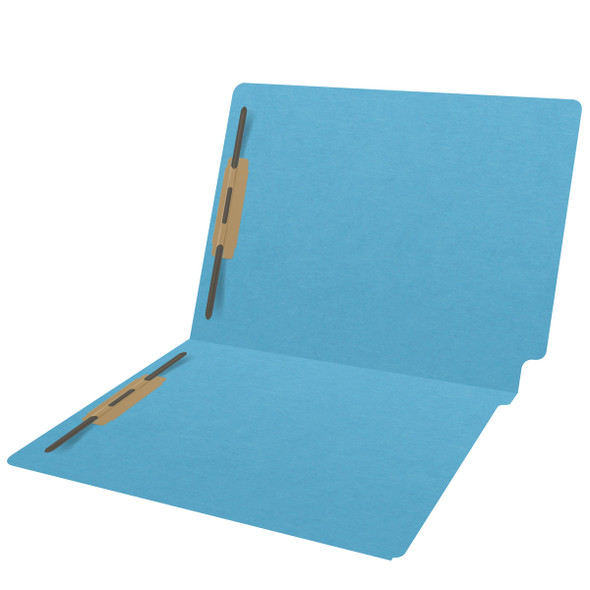Blue letter size end tab folder with 2" bonded fasteners on inside front and back. 20 pt blue stock. Packaged 40/200.