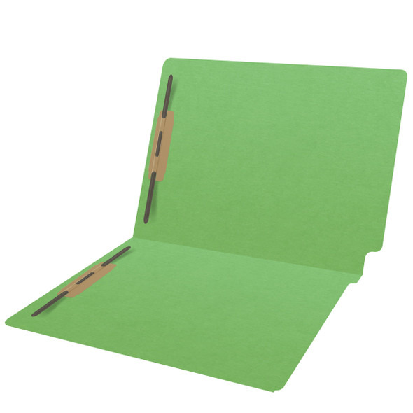 Green letter size end tab folder with 2" bonded fasteners on inside front and back. 20 pt green stock. Packaged 40/200.