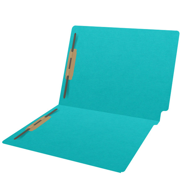 Light blue letter size end tab folder with 2" bonded fasteners on inside front and back. 20 pt light blue stock. Packaged 40/200.