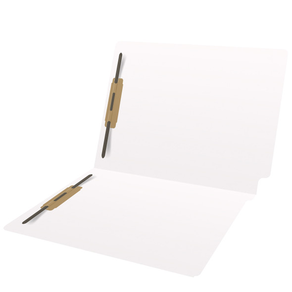 White letter size end tab folder with 2" bonded fasteners on inside front and back. 20 pt white stock. Packaged 40/200.