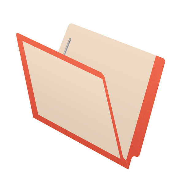 Manila letter size reinforced end tab folder with printed orange border and 2" bonded fasteners on inside front and inside back. 11 pt manila stock. Packaged 50/250.