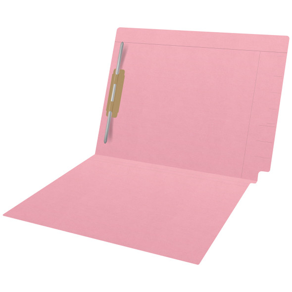 Pink Kardex match letter size reinforced top and end tab folder with tic marks printed on end tab and 2" bonded fastener on inside back. 11 pt pink stock. Packaged 50/250.