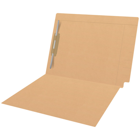 Tan Kardex match letter size reinforced top and end tab folder with tic marks printed on end tab and 2" bonded fastener on inside back. 11 pt tan stock. Packaged 50/250.