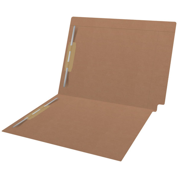 Brown kraft Kardex match letter size reinforced top and end tab folder with tic marks printed on end tab and 2" bonded fastener on inside front and back. 11 pt brown kraft stock. Packaged 50/250.