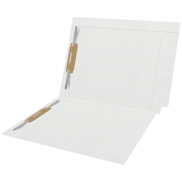 White Kardex match letter size reinforced top and end tab folder with tic marks printed on end tab and 2" bonded fastener on inside front and back. 11 pt white stock. Packaged 50/250.