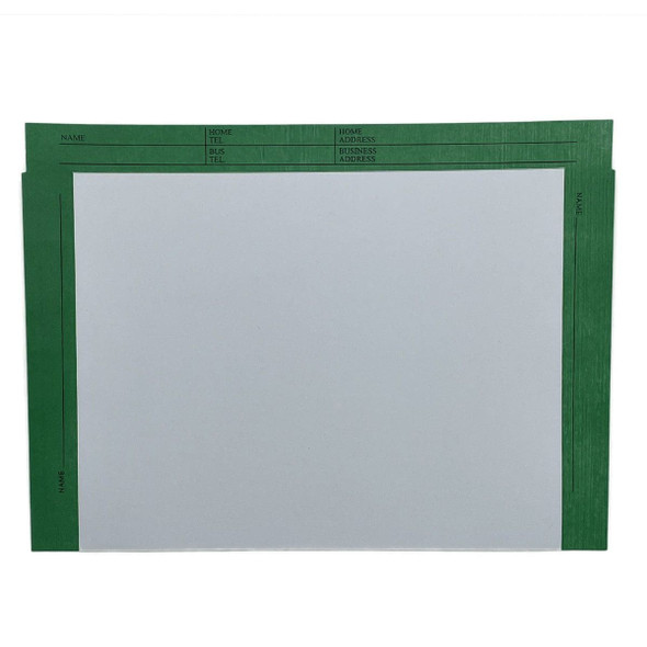 White file envelope light green border. 11.75" x 8.75" open top envelope. 28# white kraft stock. Packaged 100/500