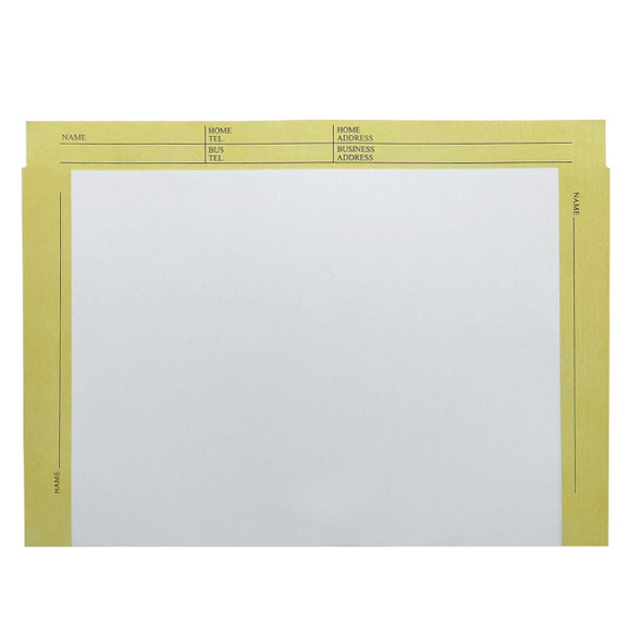 White file envelope yellow border. 11.75" x 8.75" open top envelope. 28# white kraft stock. Packaged 100/500