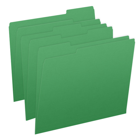 Green letter size top tab single ply folders with 1/3 cut assorted tabs. 11 pt green stock. Packaged 100/500.