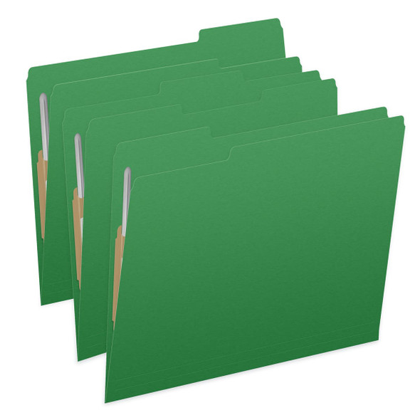 Green letter size top tab single ply folders with 1/3 cut assorted tabs and 2" bonded fastener on inside front and inside back. 11 pt Green stock, 50/Box