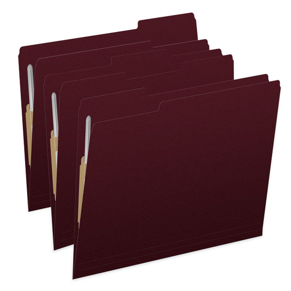 Maroon letter size top tab single ply folders with 1/3 cut assorted tabs and 2" bonded fastener on inside front and inside back. 11 pt maroon stock. Packaged 50/250