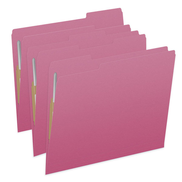 Pink letter size top tab single ply folders with 1/3 cut assorted tabs and 2" bonded fastener on inside front and inside back. 11 pt pink stock, 50/Box