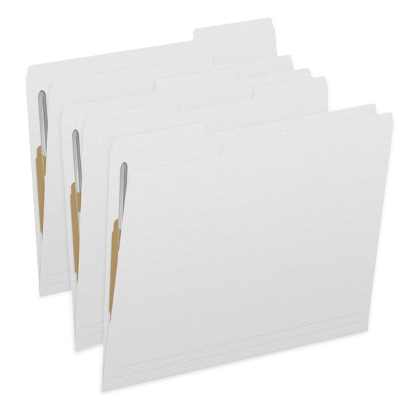 White letter size top tab single ply folders with 1/3 cut assorted tabs and 2" bonded fastener on inside front and inside back. 11 pt white stock, 50/Box