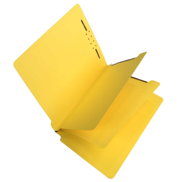 Yellow letter size end tab two divider economy folder with 2" embedded fasteners on inside front and inside back, 1" duo prong fastener on each divider, and 1" new brown tyvek expansion. 14 pt yellow stock. Packaged 25/125