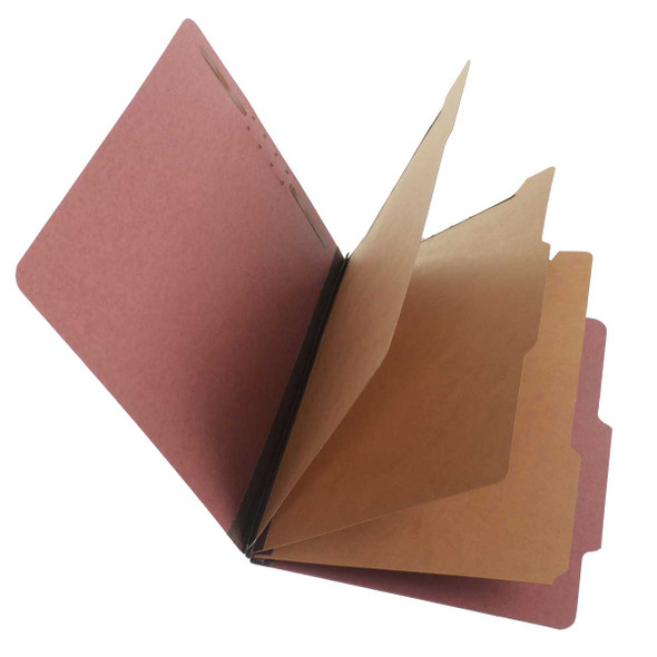 Carnelian red letter size top tab three divider classification folder with 3" russet brown tyvek expansion, with 2" embedded fasteners on inside front and inside back and 1" duo fastener on dividers - S-60850