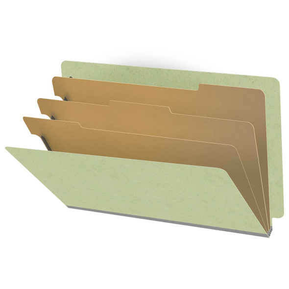 Peridot green legal size end tab three divider classification folder with 3" dark green tyvek expansion, with 2" bonded fasteners on inside front and inside back and 1" duo fastener on dividers - DV-S53-38-3PER