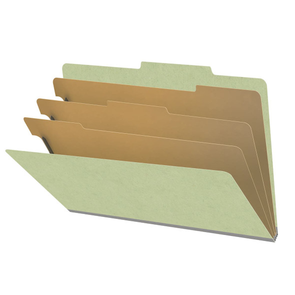 Peridot green legal size top tab three divider classification folder with 3" dark green tyvek expansion, with 2" bonded fasteners on inside front and inside back and 1" duo fastener on dividers - DV-T53-38-3PER