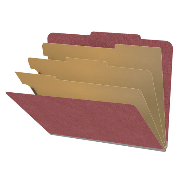 Dark red letter size top tab three divider classification folder with 3" russet brown tyvek expansion, with 2" bonded fasteners on inside front and inside back and 1" duo fastener on dividers - DV-T43-38-3ARD