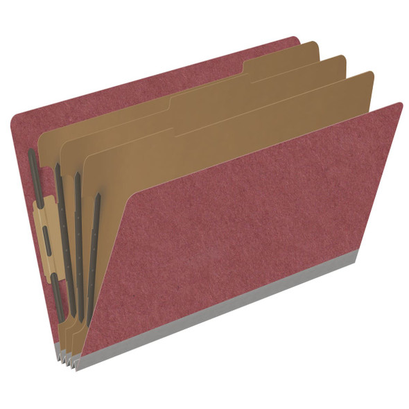 Dark red legal size end tab three divider classification folder with 3" russet brown tyvek expansion, with 2" bonded fasteners on inside front and inside back and 1" duo fastener on dividers - DV-S53-38-3ARD