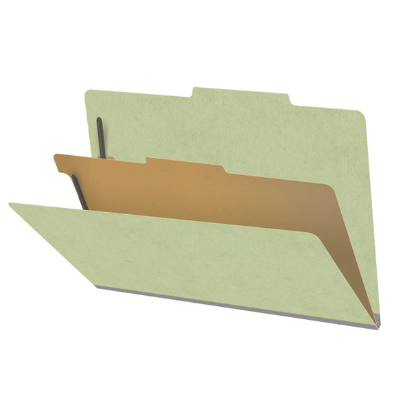 Peridot green legal size top tab one divider classification folder with 2" dark green tyvek expansion, with 2" bonded fasteners on inside front and inside back and 1" duo fastener on divider - DV-T52-14-3PER