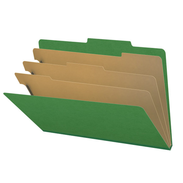 Moss green legal size top tab three divider classification folder with 3" dark green tyvek expansion, with 2" bonded fasteners on inside front and inside back and 1" duo fastener on dividers - DV-T53-38-3MGN