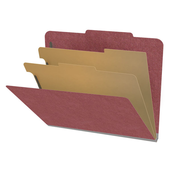 Dark red letter size top tab two divider classification folder with 2" russet brown tyvek expansion, with 2" bonded fasteners on inside front and inside back and 1" duo fastener on dividers - DV-T42-26-3ARD