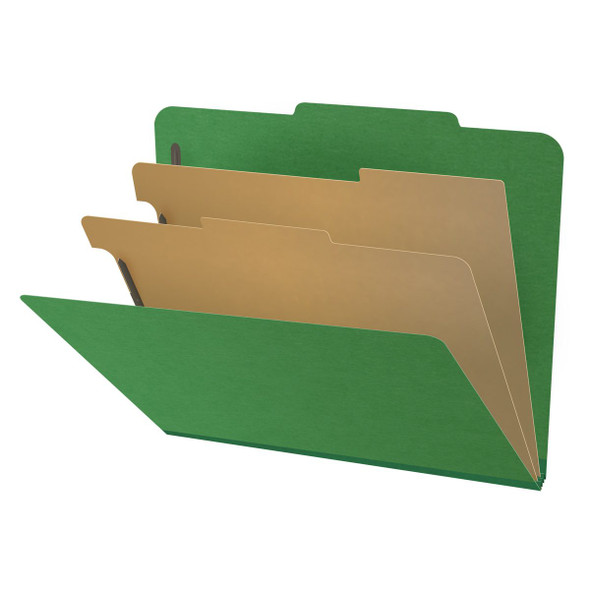 Moss green letter size top tab two divider classification folder with 2" dark green tyvek expansion, with 2" bonded fasteners on inside front and inside back and 1" duo fastener on dividers - DV-T42-26-3MGN