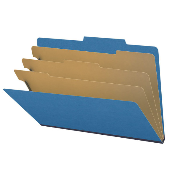 Royal blue legal size top tab three divider classification folder with 3" dark blue tyvek expansion, with 2" bonded fasteners on inside front and inside back and 1" duo fastener on dividers - DV-T53-38-3RBL