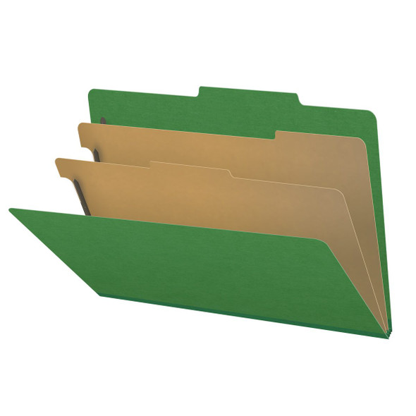 Moss green legal size top tab two divider classification folder with 2" dark green tyvek expansion, with 2" bonded fasteners on inside front and inside back and 1" duo fastener on dividers - DV-T52-26-3MGN