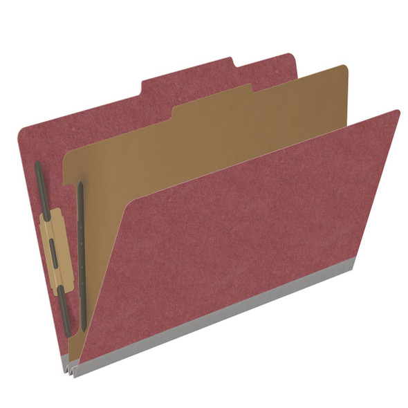 Dark red legal size top tab one divider classification folder with 2" russet brown tyvek expansion, with 2" bonded fasteners on inside front and inside back and 1" duo fastener on divider - DV-T52-14-3ARD