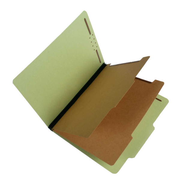Green letter size top tab two divider classification folder with 2" moss green tyvek expansion, with 2" embedded fasteners on inside front and inside back and 1" duo fastener on dividers - S-60901