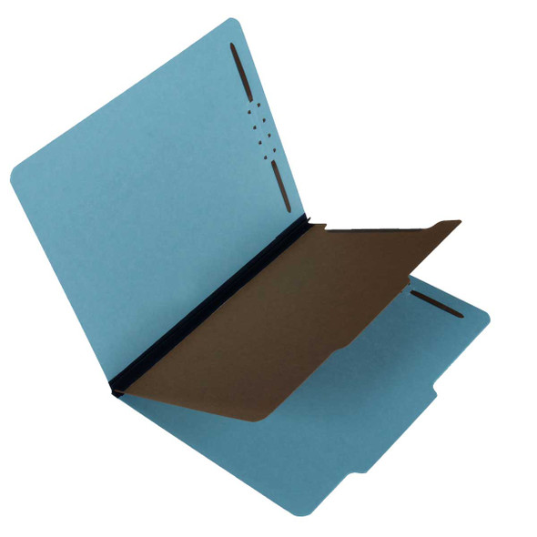 Blue legal size top tab one divider classification folder with 2" dark blue tyvek expansion, with 2" embedded fasteners on inside front and inside back and 1" duo fastener on dividers - S-61953