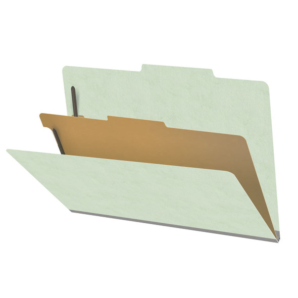 Pale green legal size top tab one divider classification folder with 2" gray tyvek expansion, with 2" bonded fasteners on inside front and inside back and 1" duo fastener on divider - DV-T52-14-3PGN