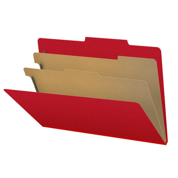 Deep red legal size top tab two divider classification folder with 2" gray tyvek expansion, with 2" bonded fasteners on inside front and inside back and 1" duo fastener on dividers - DV-T52-26-3DRD