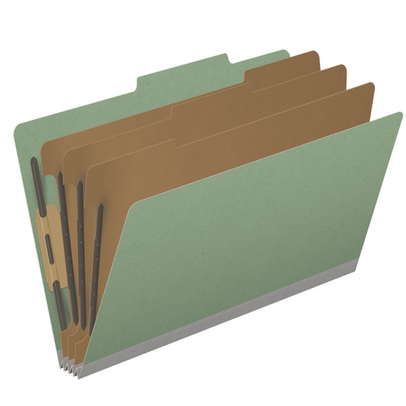 Green legal size top tab three divider classification folder with 3" gray tyvek expansion, with 2" bonded fasteners on inside front and inside back and 1" duo fastener on dividers - DV-T53-38-3AGN